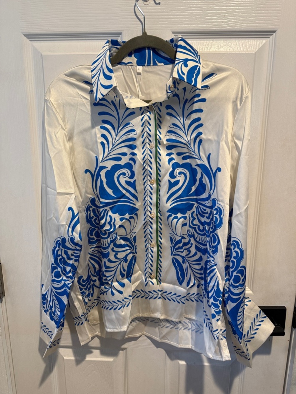 Women’s Vintage Off White Blouse with Blue Baroque Print